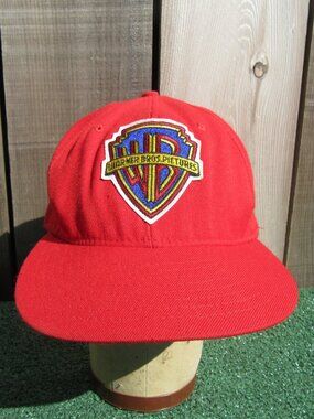 Vintage New Era Warner Bros Pictures Red Baseball Hat Cap *READ* Medium-Large